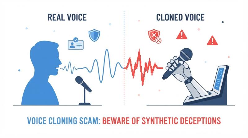Infographic with text that says voice cloning scam, beware of synthetic deceptions. Graphics show a blue human icon on left with the text real words above it, on the right a robot hand with a microphone that says cloned voice. 
